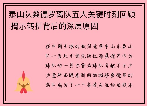 泰山队桑德罗离队五大关键时刻回顾 揭示转折背后的深层原因